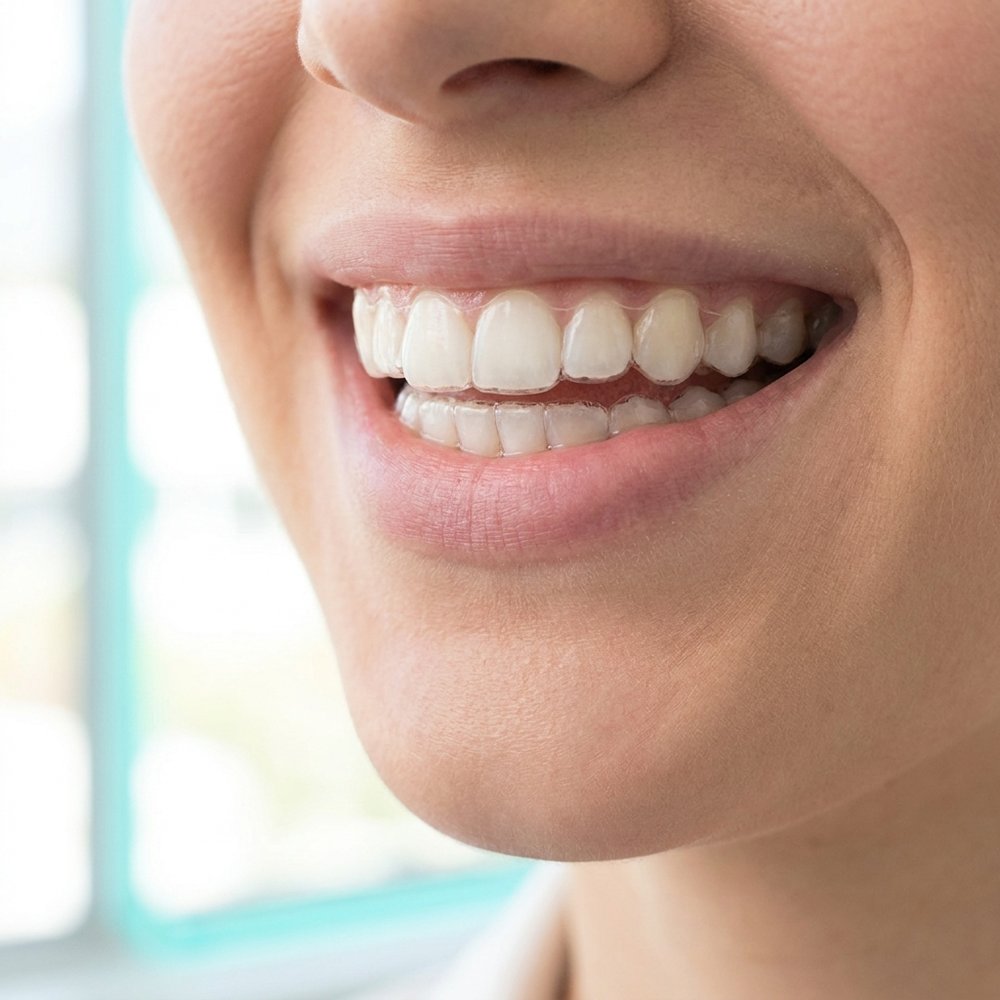 Alinhador transparente Invisalign sendo encaixado nos dentes — tratamento discreto